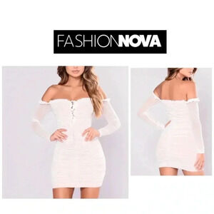 💥Fashion Nova Maura Mesh Off Shoulder White / Nude Dress L
